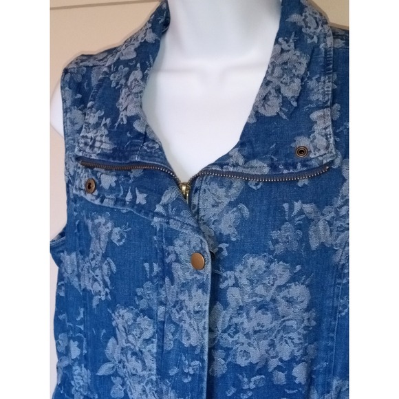 Hannah Jackets & Blazers - Hannah Petite Medium Denim Vest Full‎ Zip Floral Snaps Drawstring
